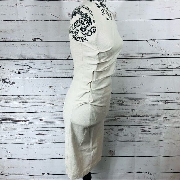 Halston Heritage Tweed Sleeveless Stretch Dress Twist Details Bone/Off-White - Picture 2 of 9